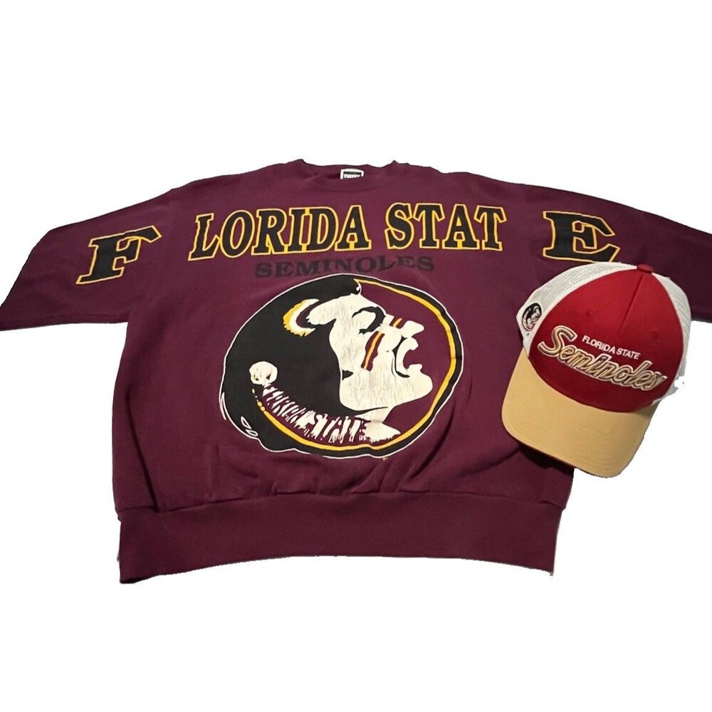 Florida State FSU Seminoles Vintage 90s Spell Out Sweatshirt XL With Hat